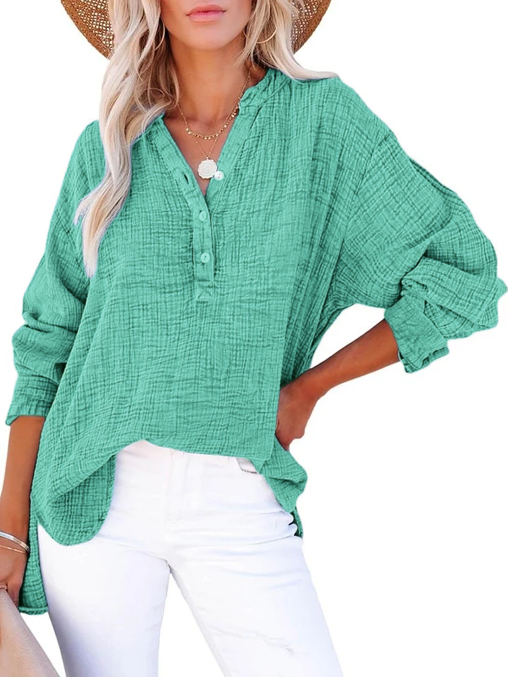 Womens Casual Button V Neck Long Sleeve Shirts Oversized Solid Blouses Tops