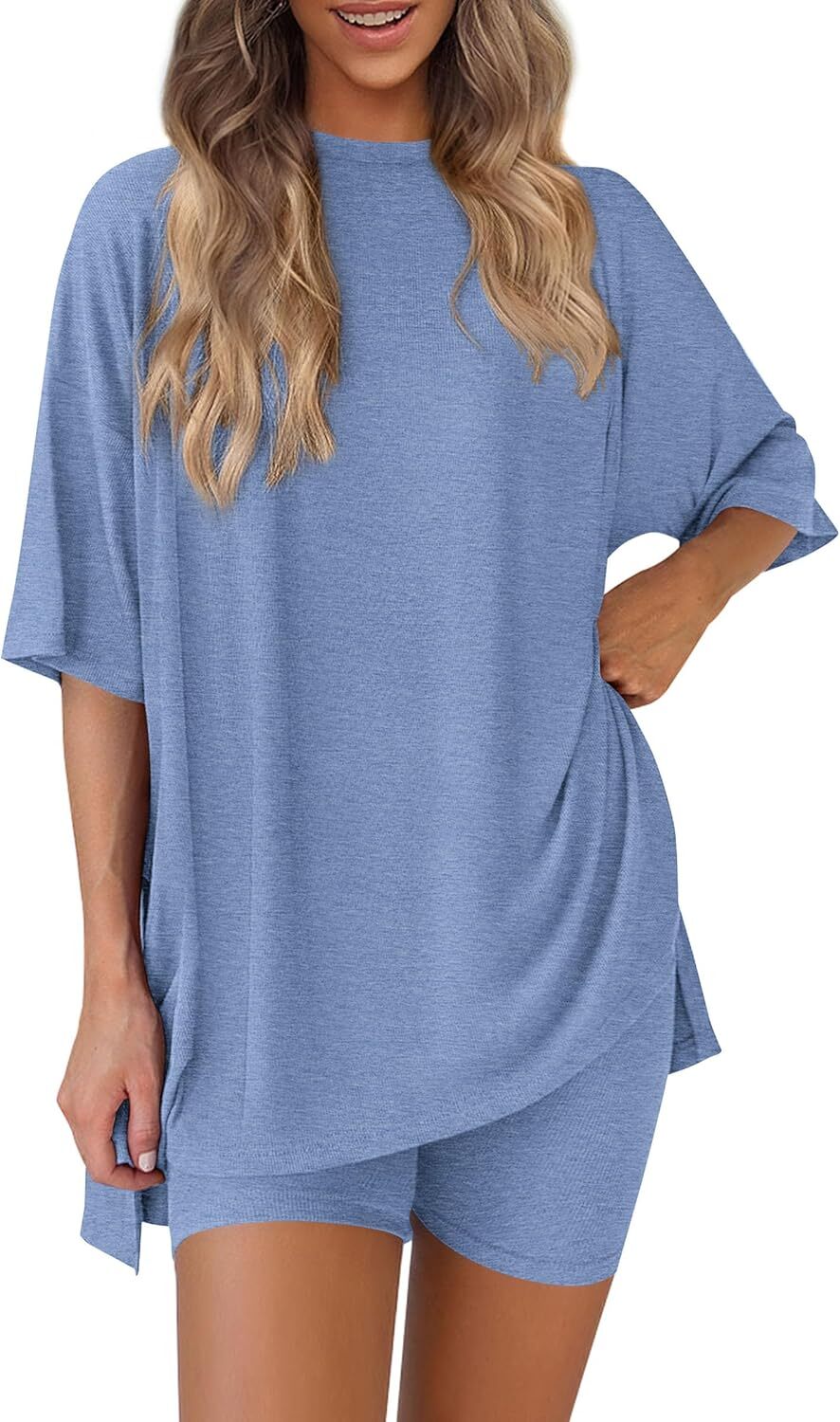 Women's Two Piece Lounge Set Casual Oversized Crewneck Tops and High Waisted Shorts Set