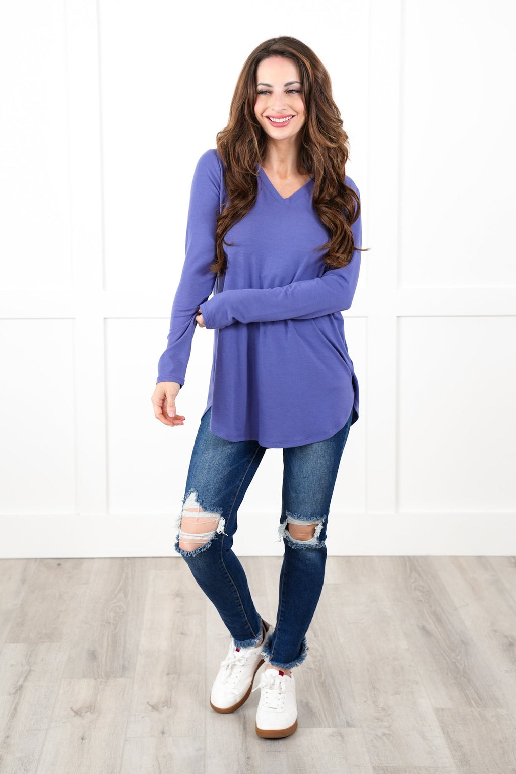 Long Sleeve V-Neck Round Hem Top (Multiple Colors)