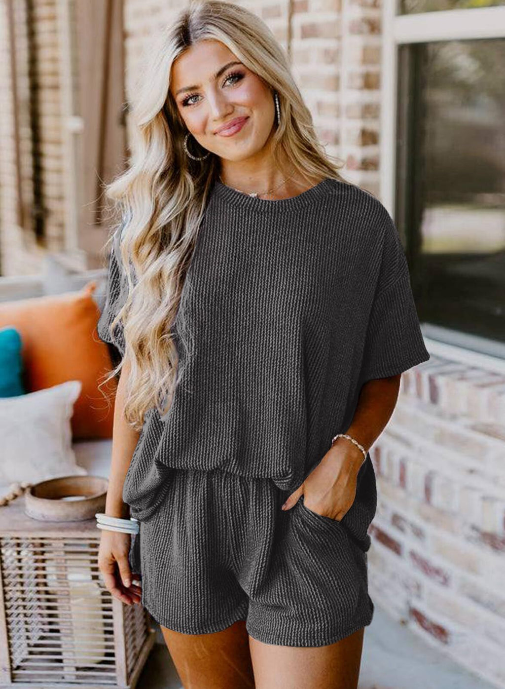 Women's Pocket Casual Short Sleeve T-shirt & Elastic Waist Shorts, Ribbed 2 Piece Sets