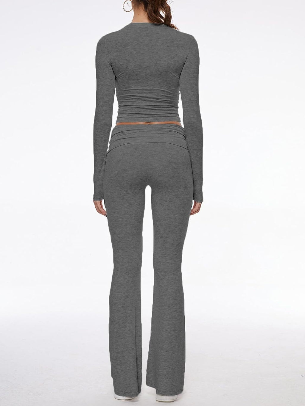 Women's 2 Piece Lounge Sets Fold-over Flare Pants Set Long Sleeve Crop