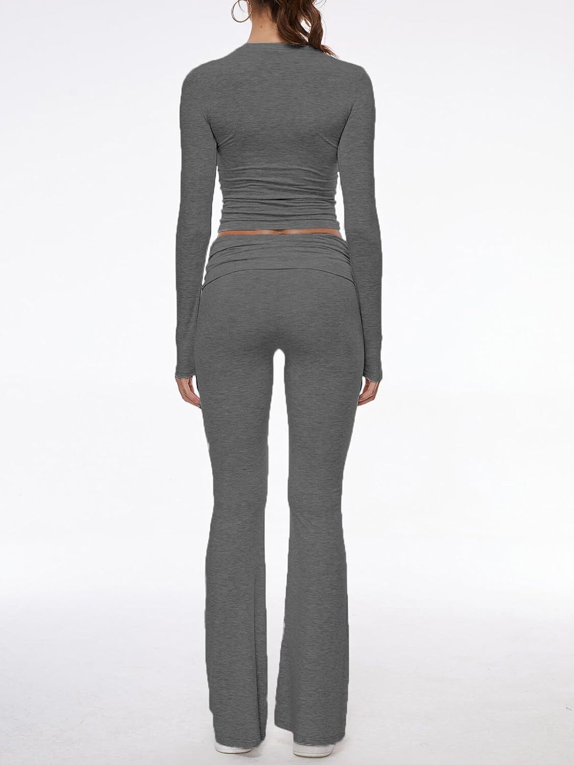 Women's 2 Piece Lounge Sets Fold-over Flare Pants Set Long Sleeve Crop