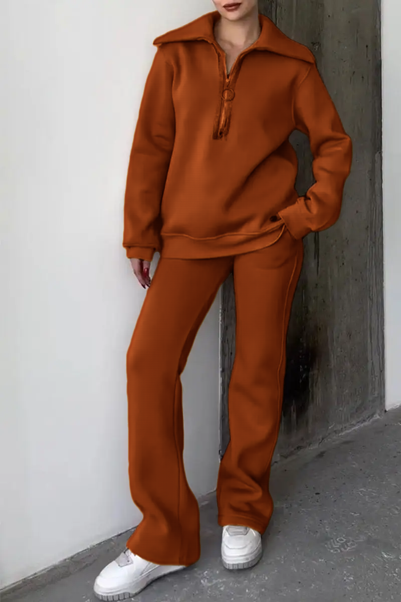 Women's Lapel Long Sleeve Sweatshirt Two Piece Set
