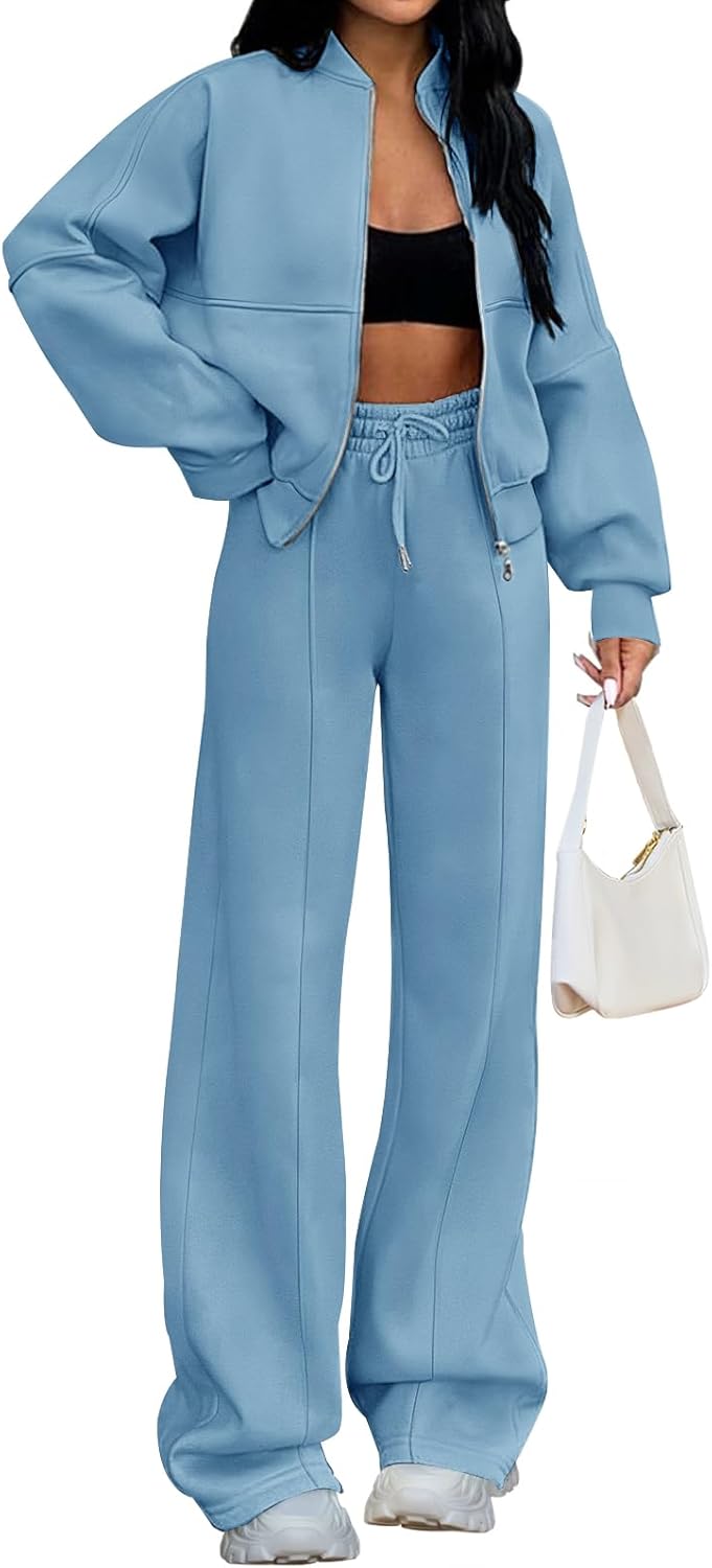 Christmas Deals Women's Fall 2 Piece Sweatsuits Set Long Sleeve Zip Up Sweatshirt Wide Leg Sweatpants Lounge Sets