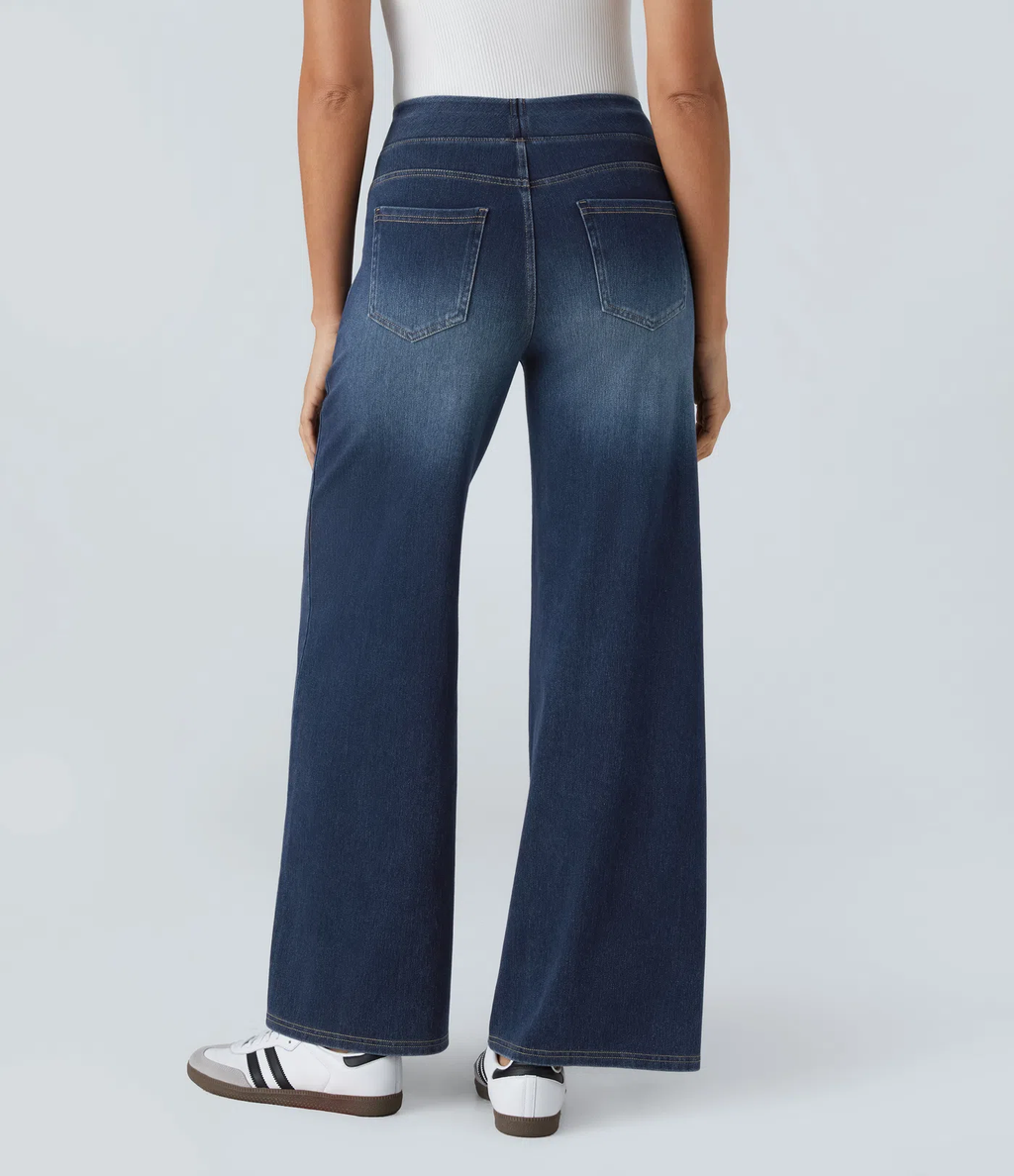 💝Last day promotion⚡High Waisted Multiple Pockets Baggy Wide Leg Washed Stretchy Knit Casual Jeans
