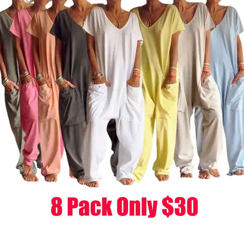 Casual V-neck Solid Color Jumpsuit