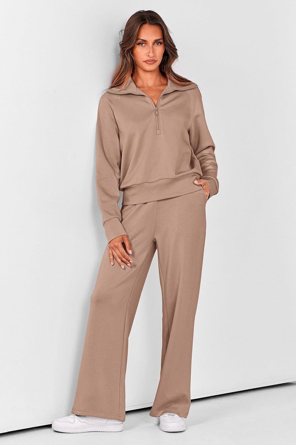 Women's 2 Piece Outfits Casual Lapel Half Zip Sweatshirts And Wide Leg Pants Tracksuit Sets
