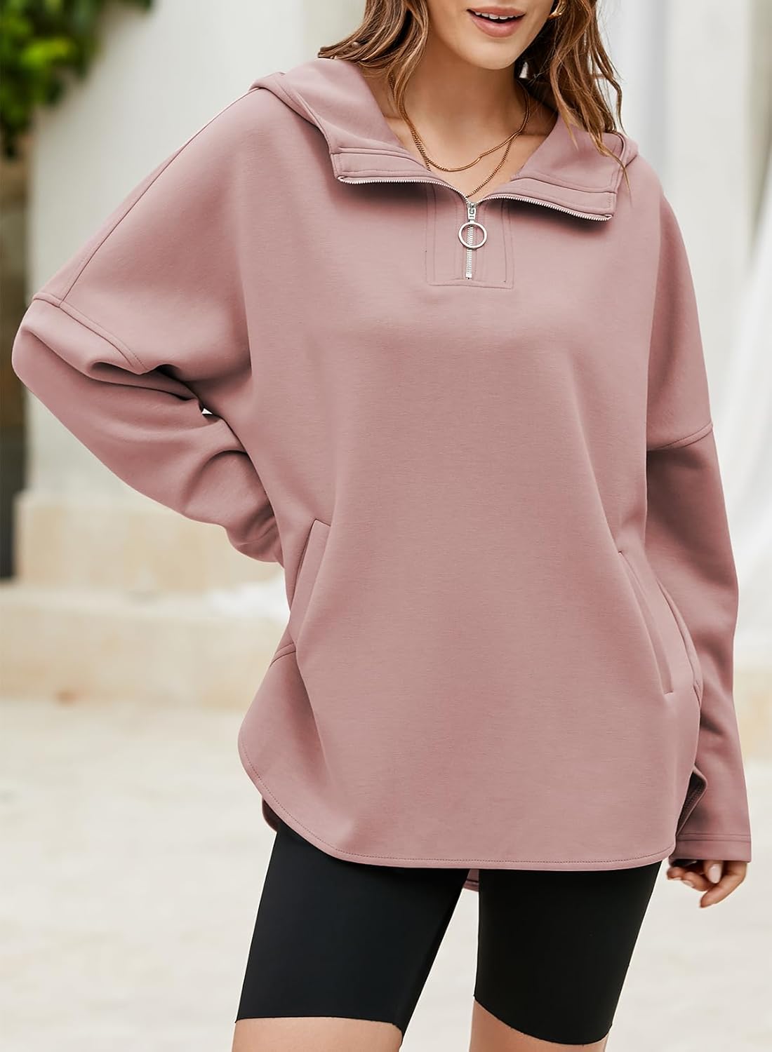 Women's Oversized Hoodies Casual Long Sleeve Half Zipper Pocket Sweatshirt Pullover Tops