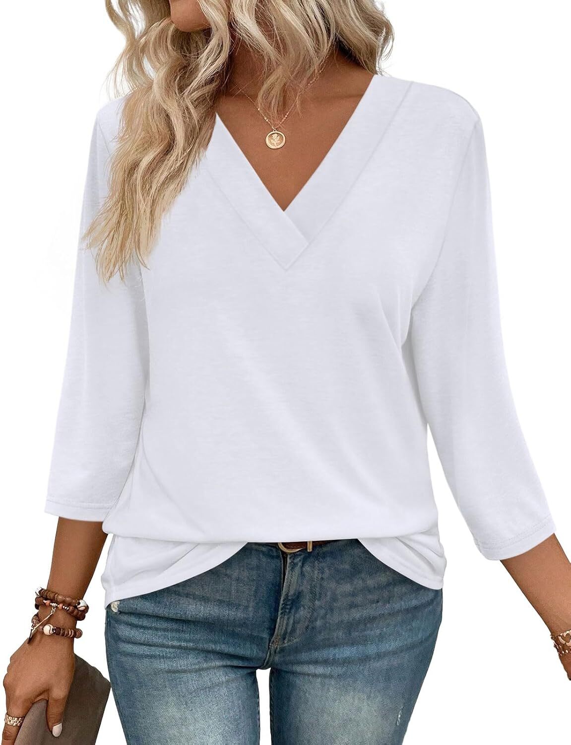 3/4 Length Sleeve Womens Tops V Neck Casual Tunic Tops Basic Shirts Loose Fit Blouse
