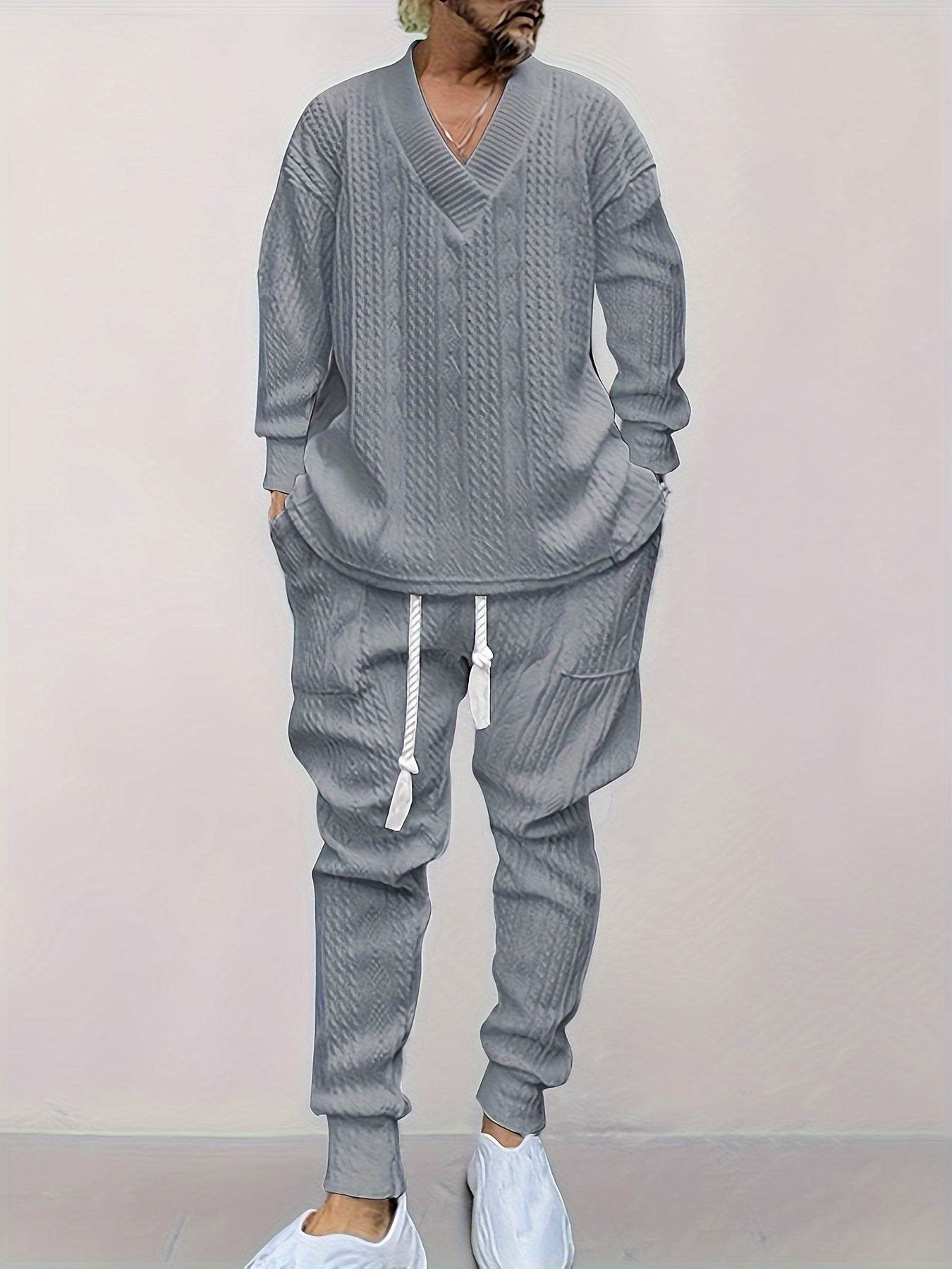 Mens V Neck Sweatshirt Jacquard Tracksuit 2 Piece Men Baggy Sweatsuit Sets Men's Jogging Tracksuit Set Outfit for Men