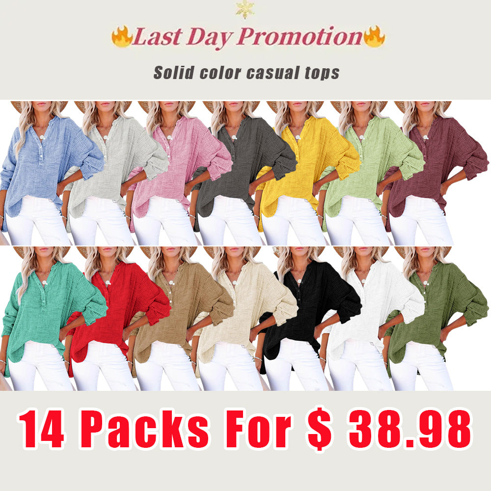 Womens Casual Button V Neck Long Sleeve Shirts Oversized Solid Blouses Tops