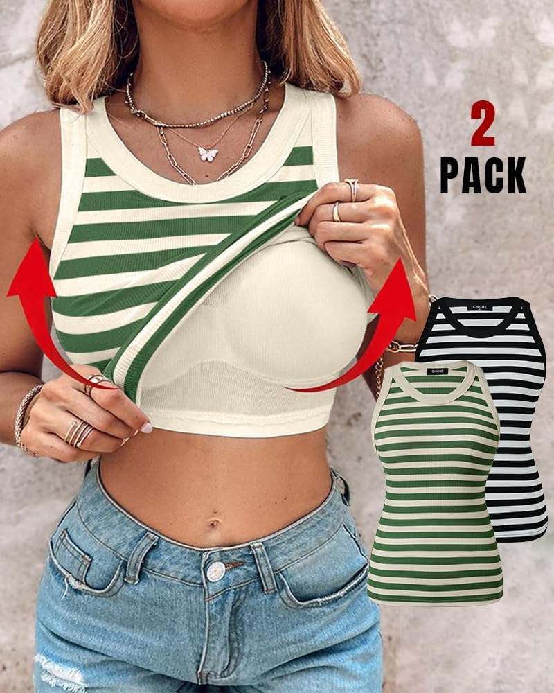 Women Built in Bra Ribbed Tank Tops Sleeveless Casual Tops