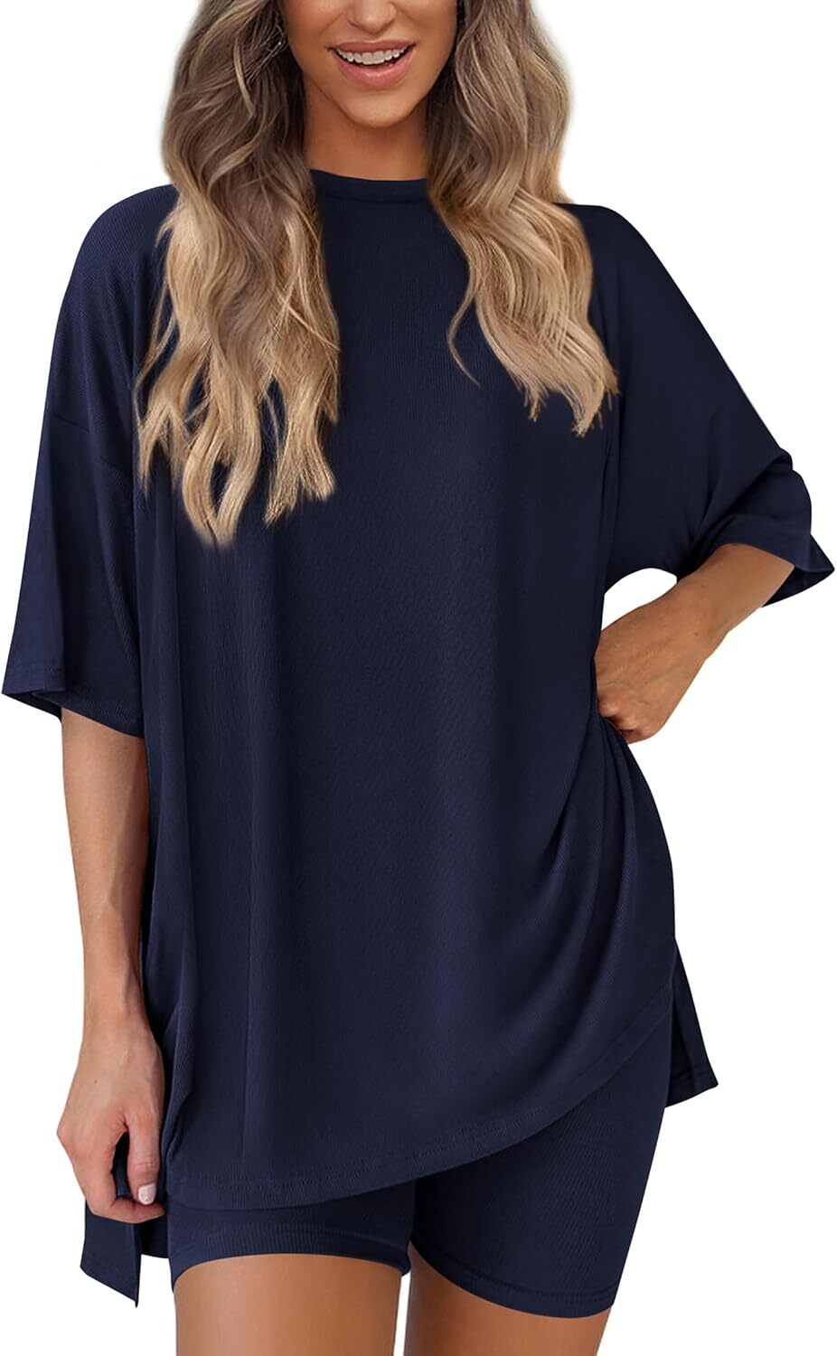 Women's Two Piece Lounge Set Casual Oversized Crewneck Tops and High Waisted Shorts Set