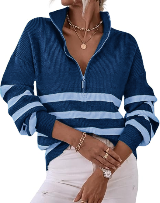 2025 Casual Long Sleeve Zipper Striped Pullover V Neck Ribbed Knitted Autumn and Winter Casual Pullover