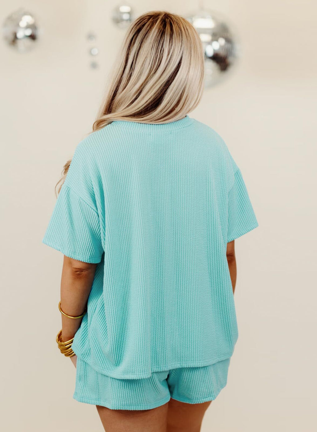 Women's Pocket Casual Short Sleeve T-shirt & Elastic Waist Shorts, Ribbed 2 Piece Sets