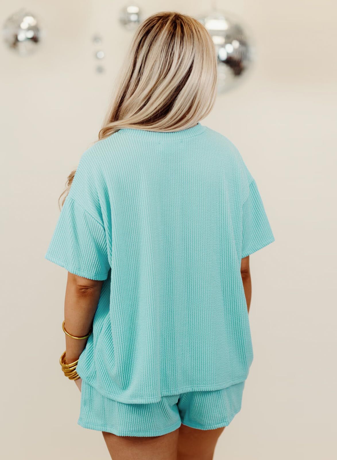 Women's Pocket Casual Short Sleeve T-shirt & Elastic Waist Shorts, Ribbed 2 Piece Sets