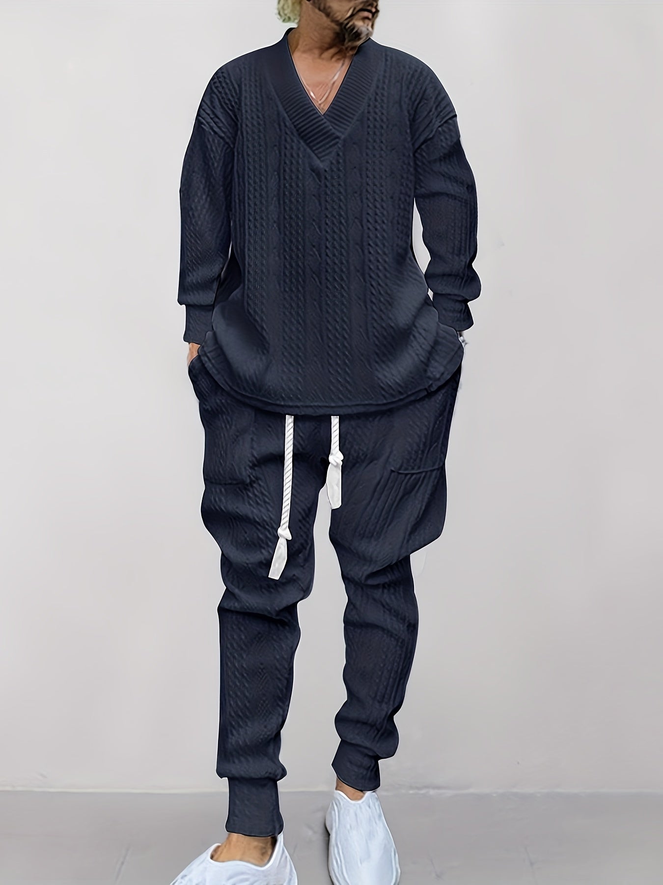 Mens V Neck Sweatshirt Jacquard Tracksuit 2 Piece Men Baggy Sweatsuit Sets Men's Jogging Tracksuit Set Outfit for Men