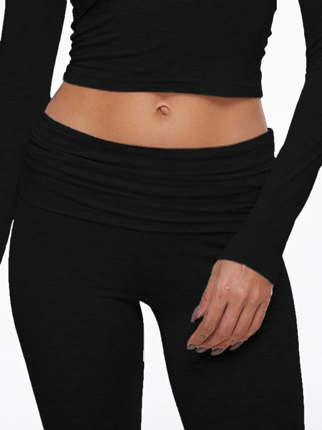 Women's 2 Piece Lounge Sets Fold-over Flare Pants Set Long Sleeve Crop