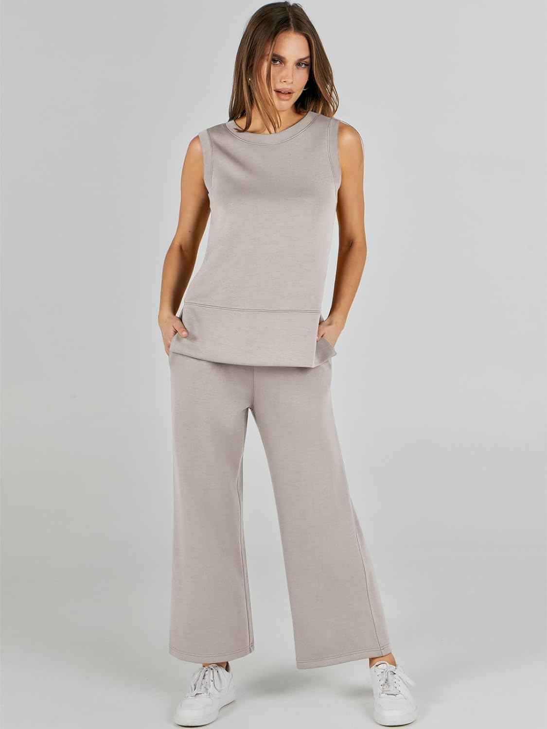 Women's 2 Piece Sets Summer Outfits Sleeveless Wide Leg Tracksuits Casual Sweat Sets Lounge Sweatsuits