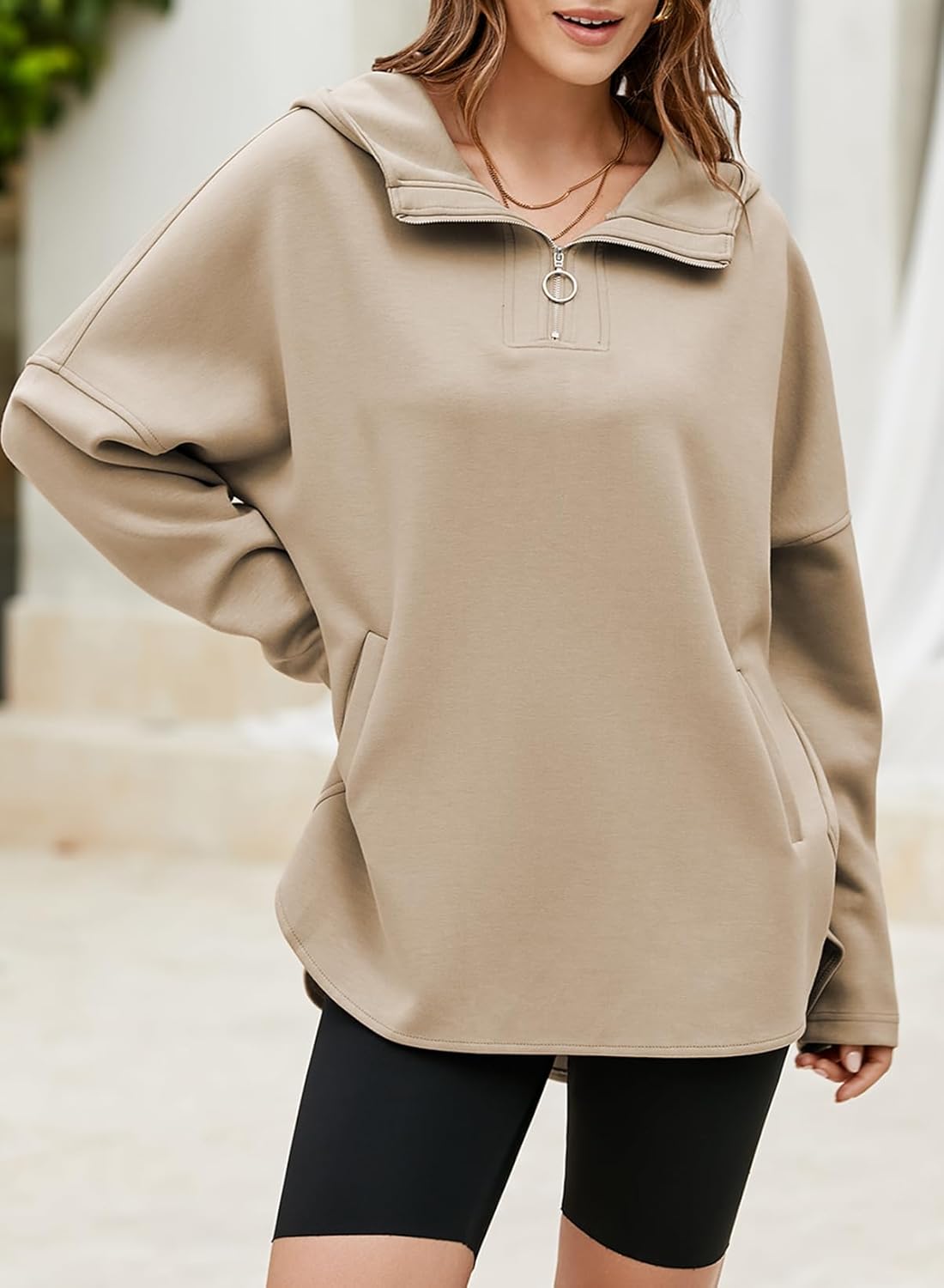 Women's Oversized Hoodies Casual Long Sleeve Half Zipper Pocket Sweatshirt Pullover Tops