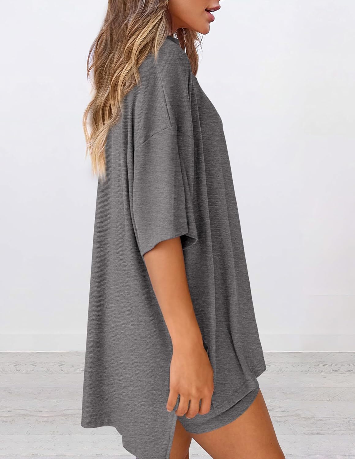 Women's Two Piece Lounge Set Casual Oversized Crewneck Tops and High Waisted Shorts Set