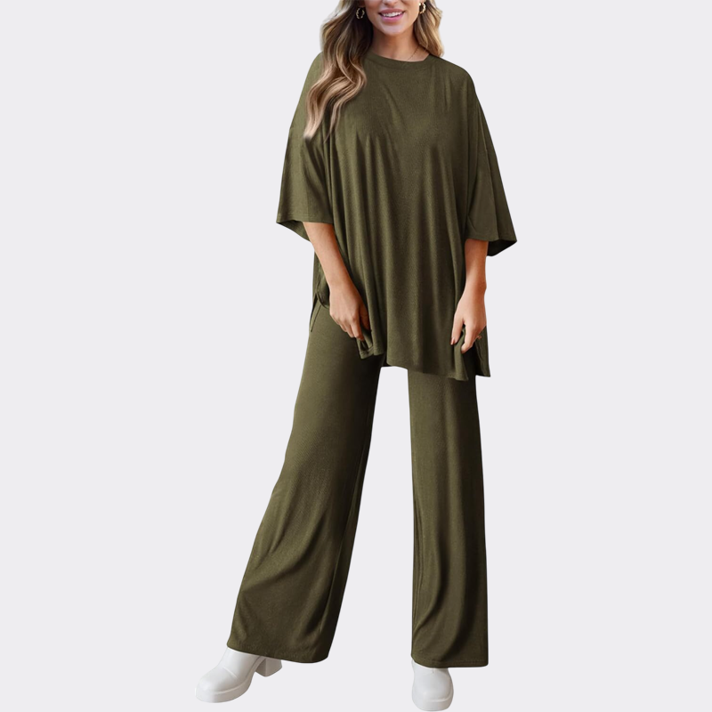 Women's 2 Piece Outfits Casual Short Sleeve Pullover Tops and Wide Leg Pants Lounge Sets Tracksuits