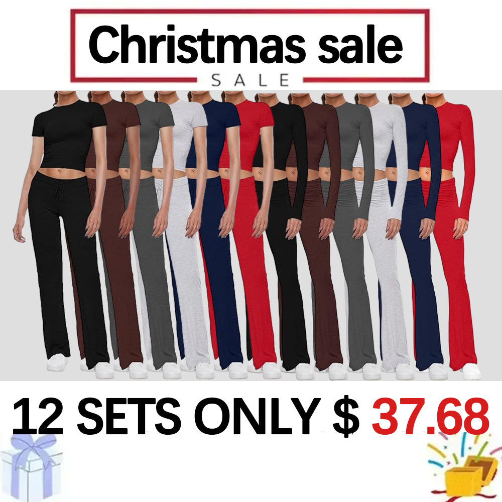 Women's 2 Piece Lounge Sets Fold-over Flare Pants Set Long Sleeve Crop
