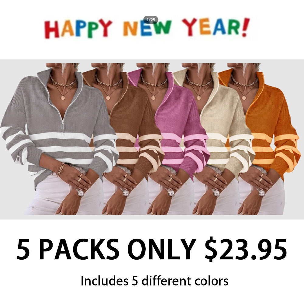 2025 Casual Long Sleeve Zipper Striped Pullover V Neck Ribbed Knitted Autumn and Winter Casual Pullover