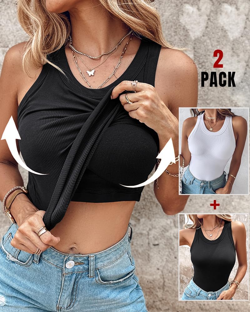 Women Built in Bra Ribbed Tank Tops Sleeveless Casual Tops