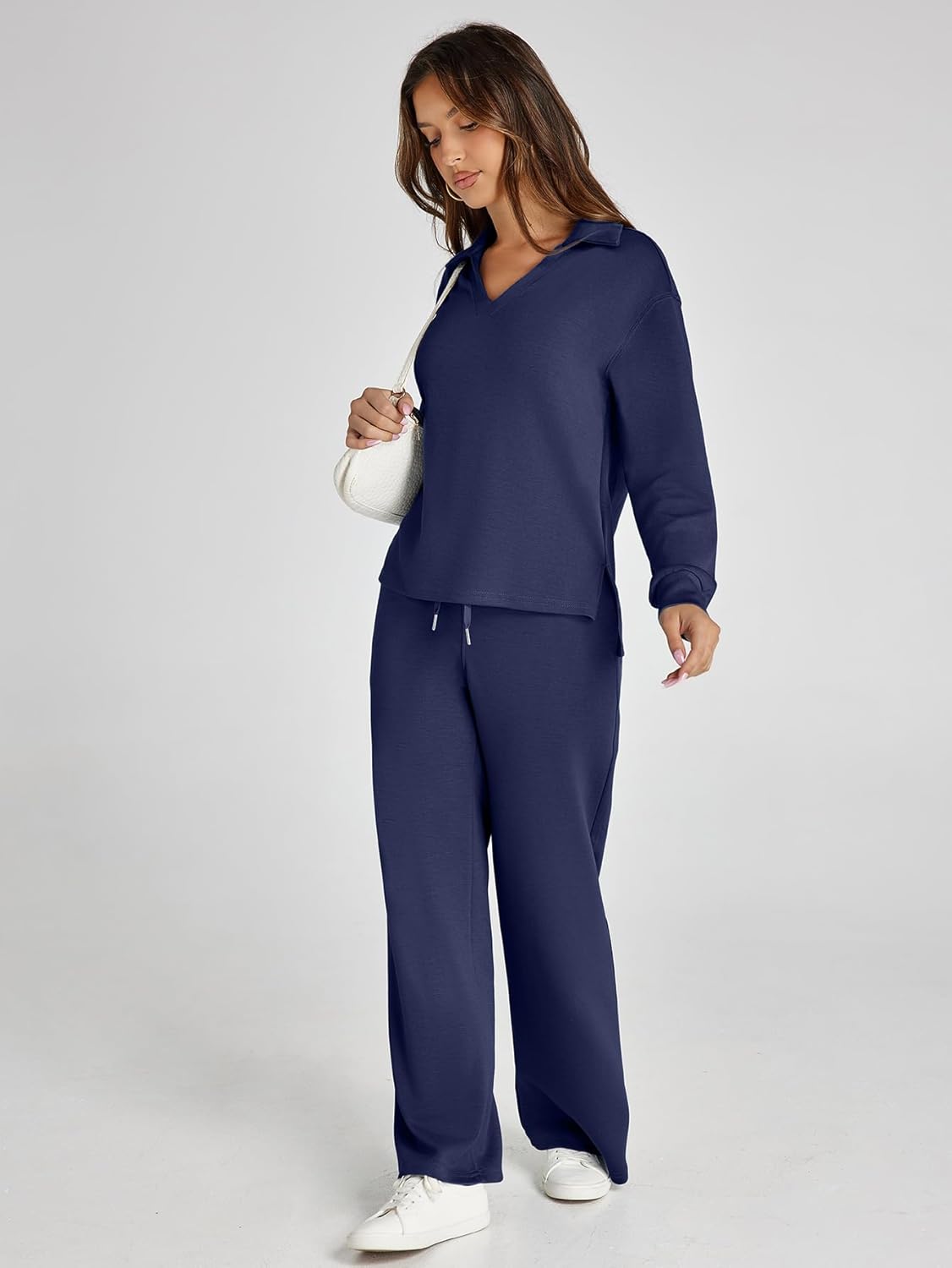 Women's 2 Piece Sets Outfits Casual Long Sleeve Sweatsuits Polo Top and Wide Leg Pants Matching Sets