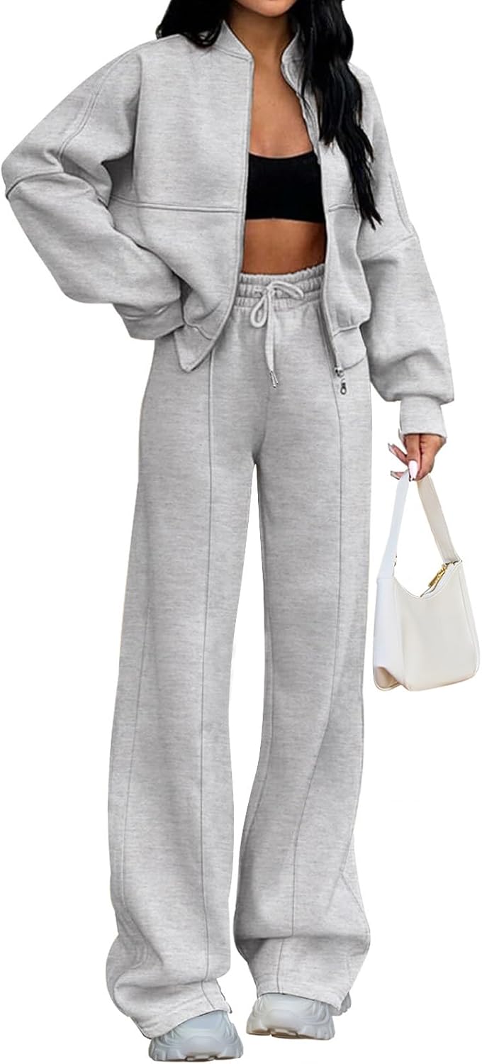 Christmas Deals Women's Fall 2 Piece Sweatsuits Set Long Sleeve Zip Up Sweatshirt Wide Leg Sweatpants Lounge Sets