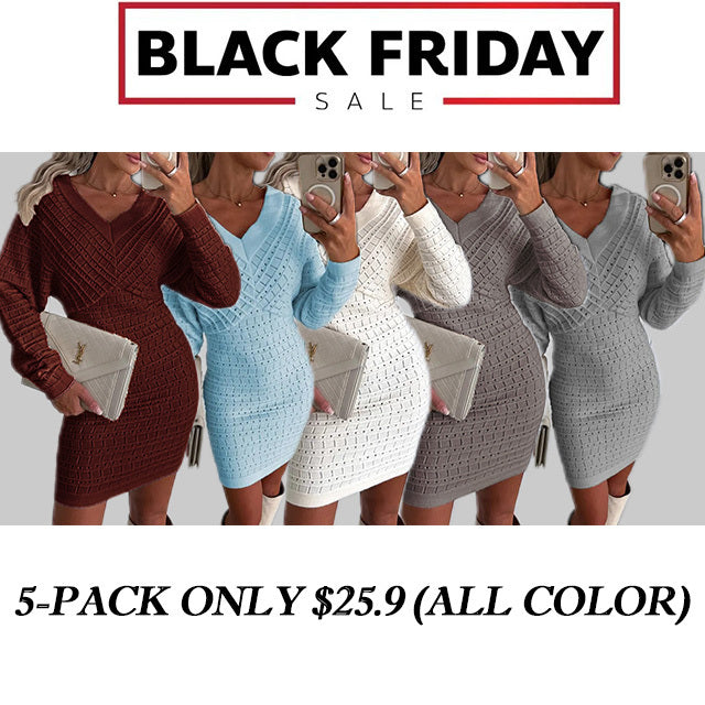 Women V Neck Knit Sweater Dress Pullover Hollow Out Casual Batwing Sleeve
