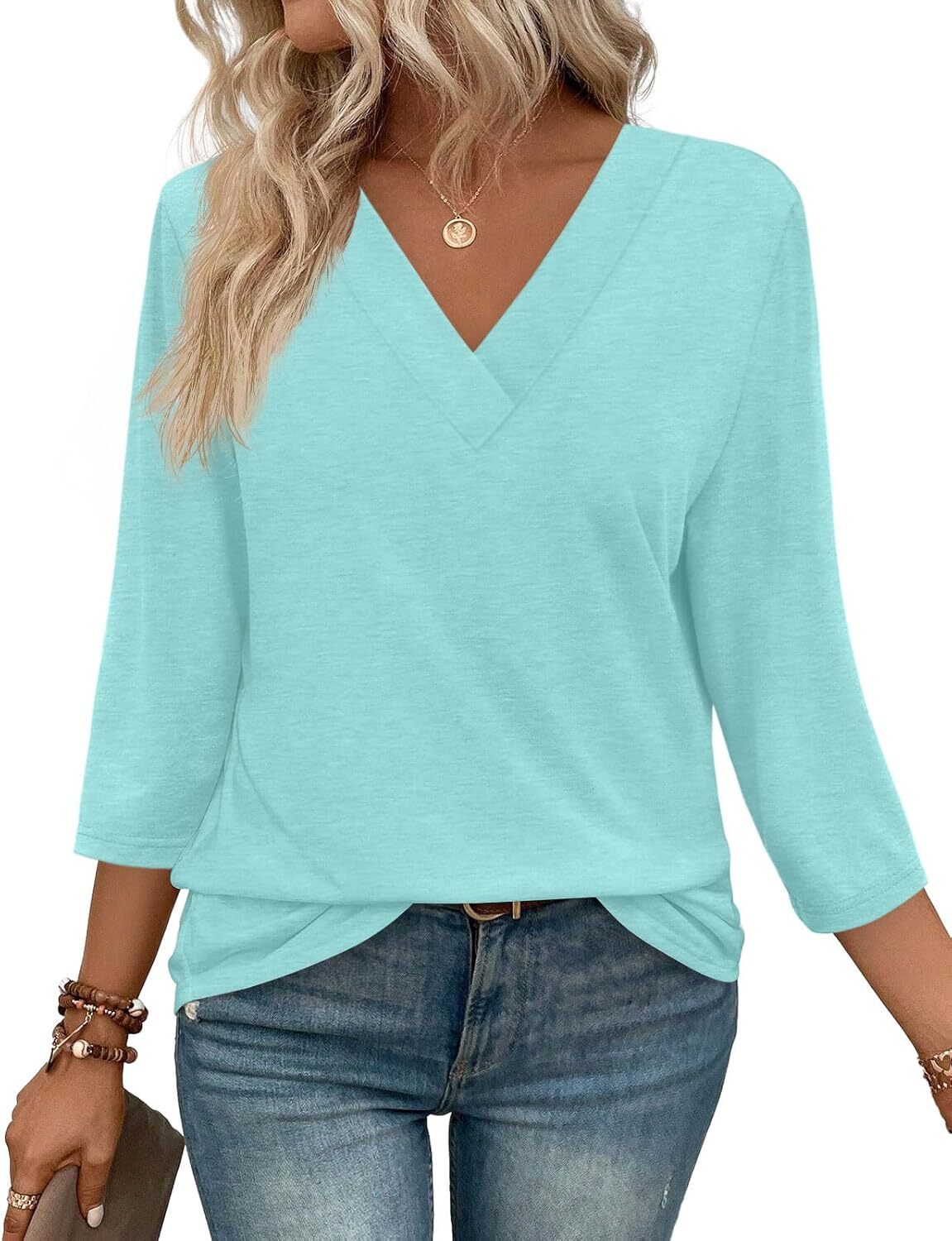 3/4 Length Sleeve Womens Tops V Neck Casual Tunic Tops Basic Shirts Loose Fit Blouse