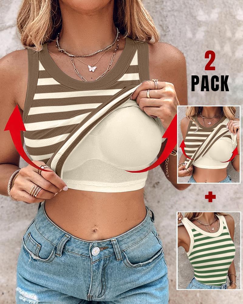 Women Built in Bra Ribbed Tank Tops Sleeveless Casual Tops