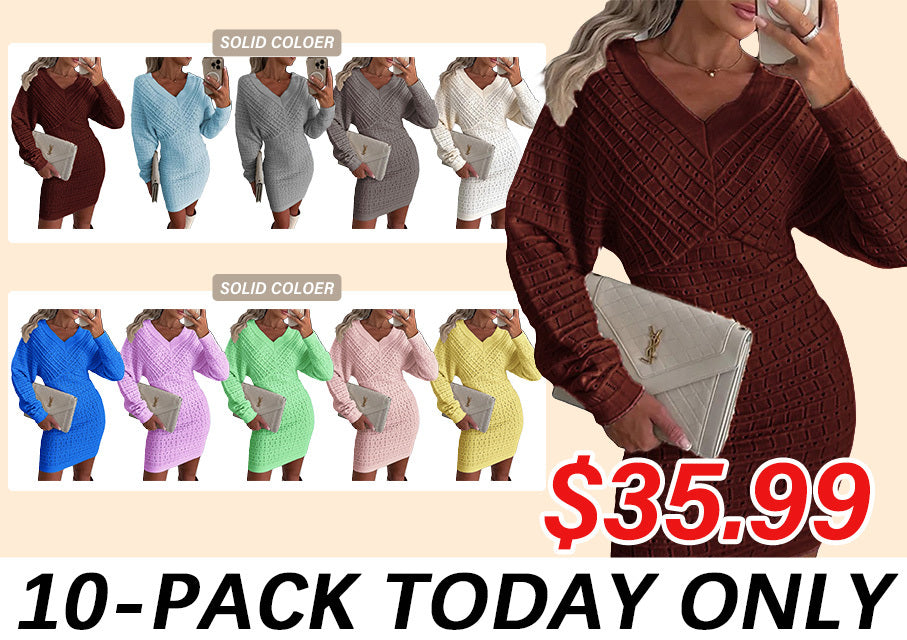 Women V Neck Knit Sweater Dress Pullover Hollow Out Casual Batwing Sleeve