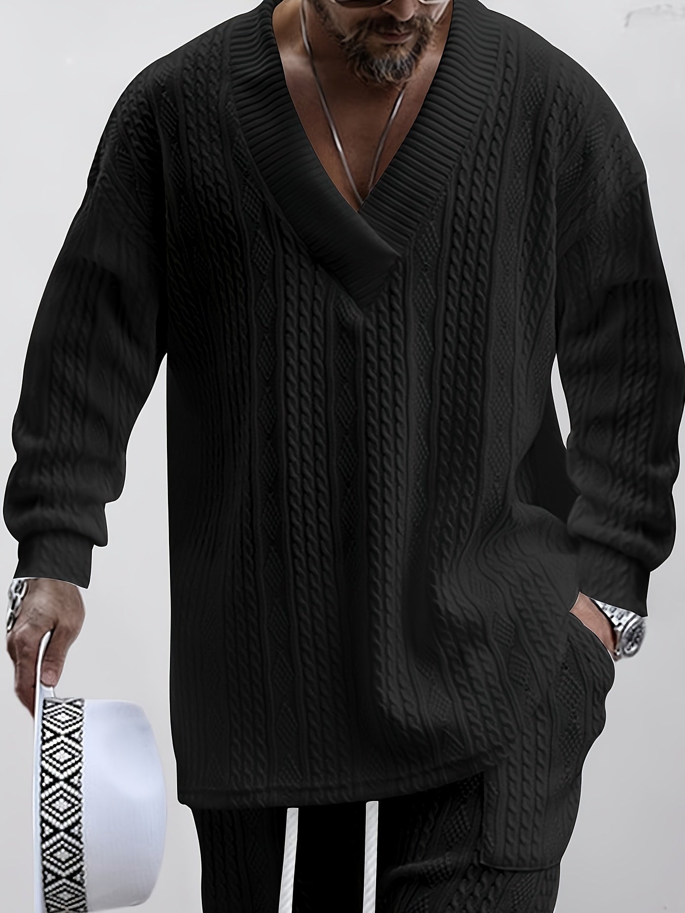 Mens V Neck Sweatshirt Jacquard Tracksuit 2 Piece Men Baggy Sweatsuit Sets Men's Jogging Tracksuit Set Outfit for Men
