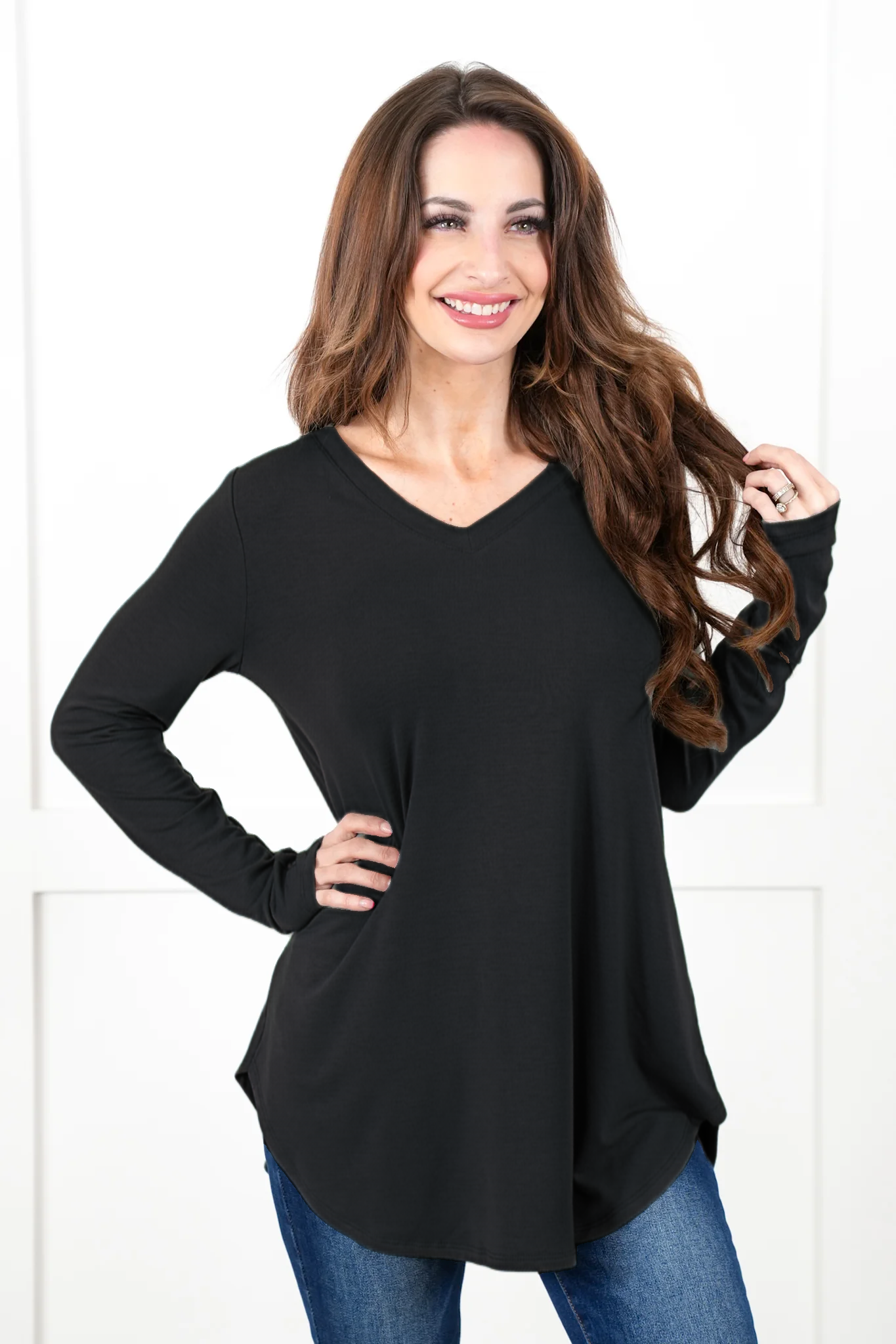 Long Sleeve V-Neck Round Hem Top (Multiple Colors)
