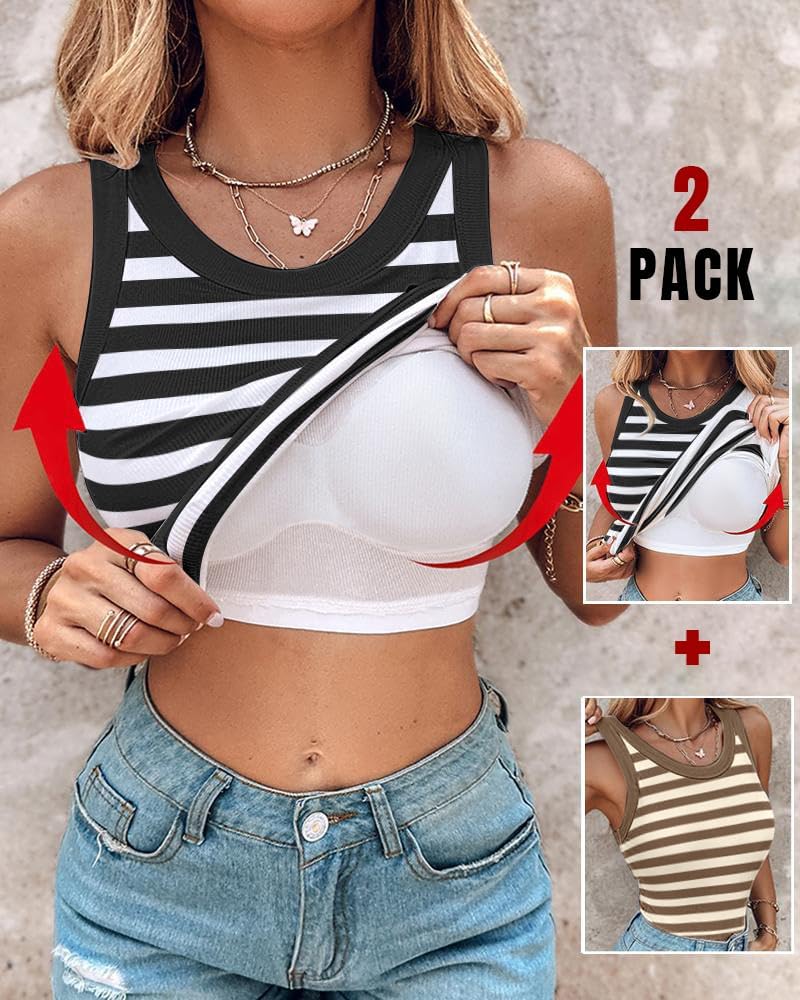 Women Built in Bra Ribbed Tank Tops Sleeveless Casual Tops