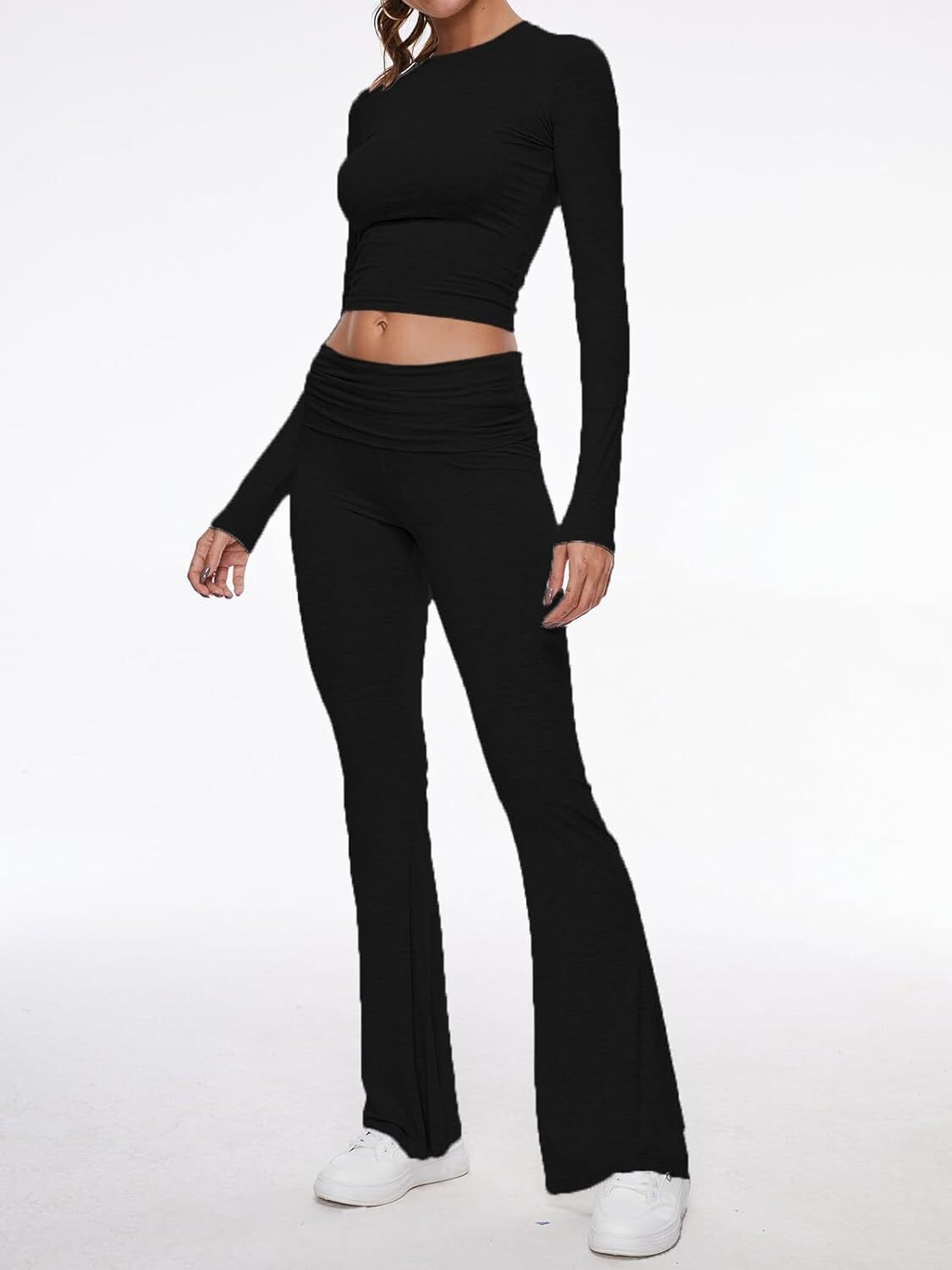 Women's 2 Piece Lounge Sets Fold-over Flare Pants Set Long Sleeve Crop