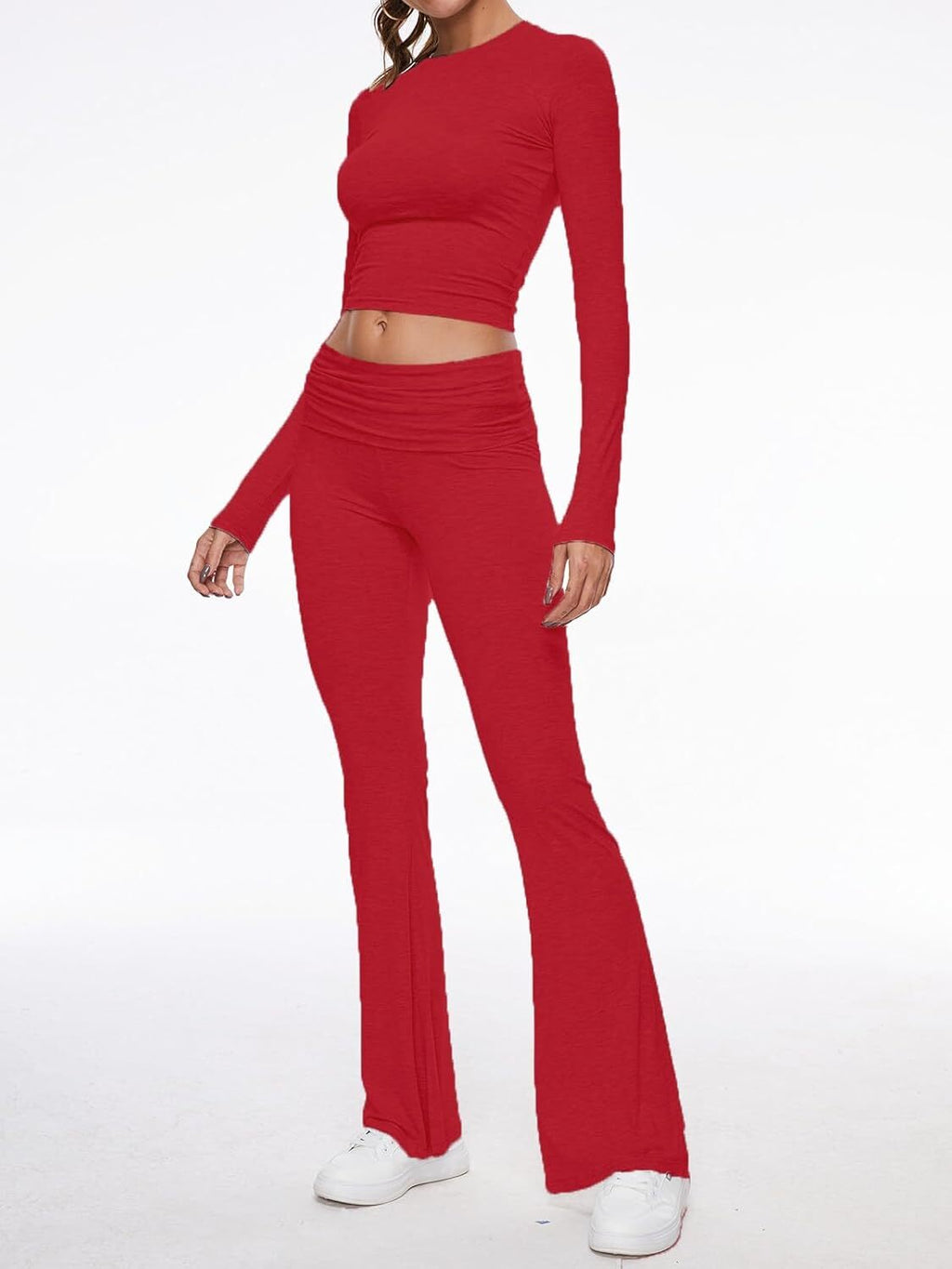 Women's 2 Piece Lounge Sets Fold-over Flare Pants Set Long Sleeve Crop