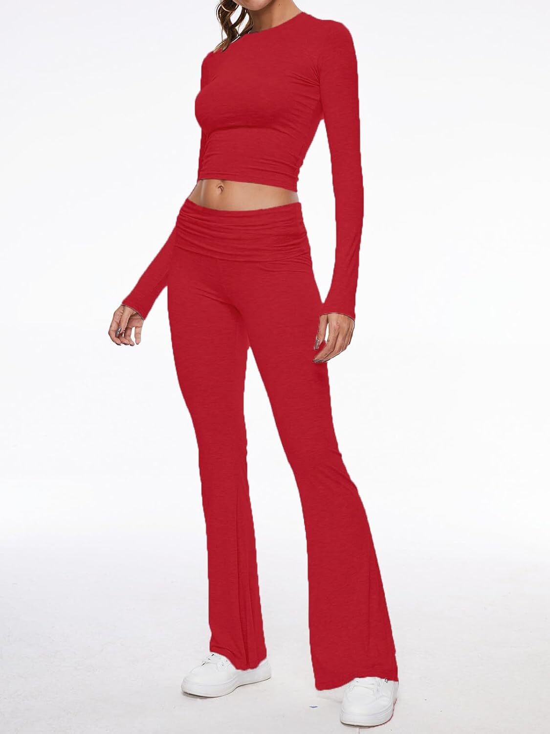 Women's 2 Piece Lounge Sets Fold-over Flare Pants Set Long Sleeve Crop