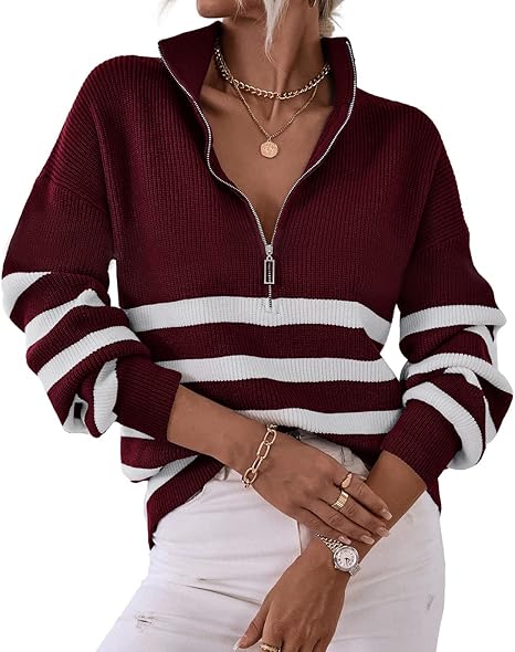 2025 Casual Long Sleeve Zipper Striped Pullover V Neck Ribbed Knitted Autumn and Winter Casual Pullover