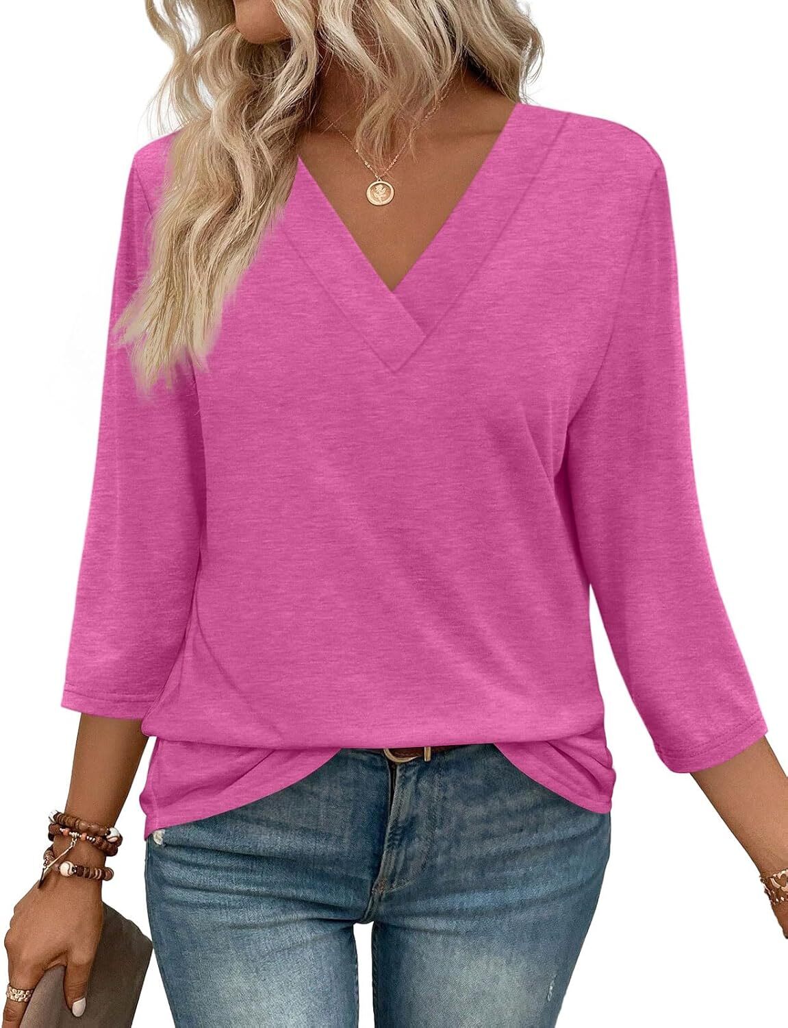 3/4 Length Sleeve Womens Tops V Neck Casual Tunic Tops Basic Shirts Loose Fit Blouse