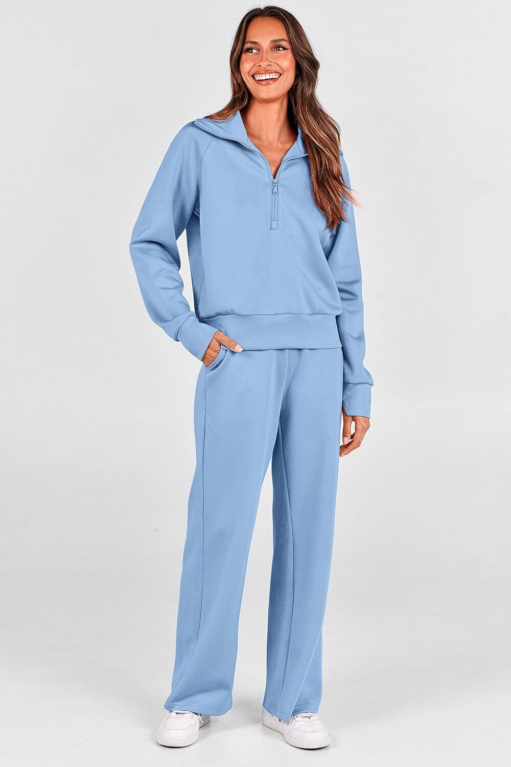 Women's 2 Piece Outfits Casual Lapel Half Zip Sweatshirts And Wide Leg Pants Tracksuit Sets