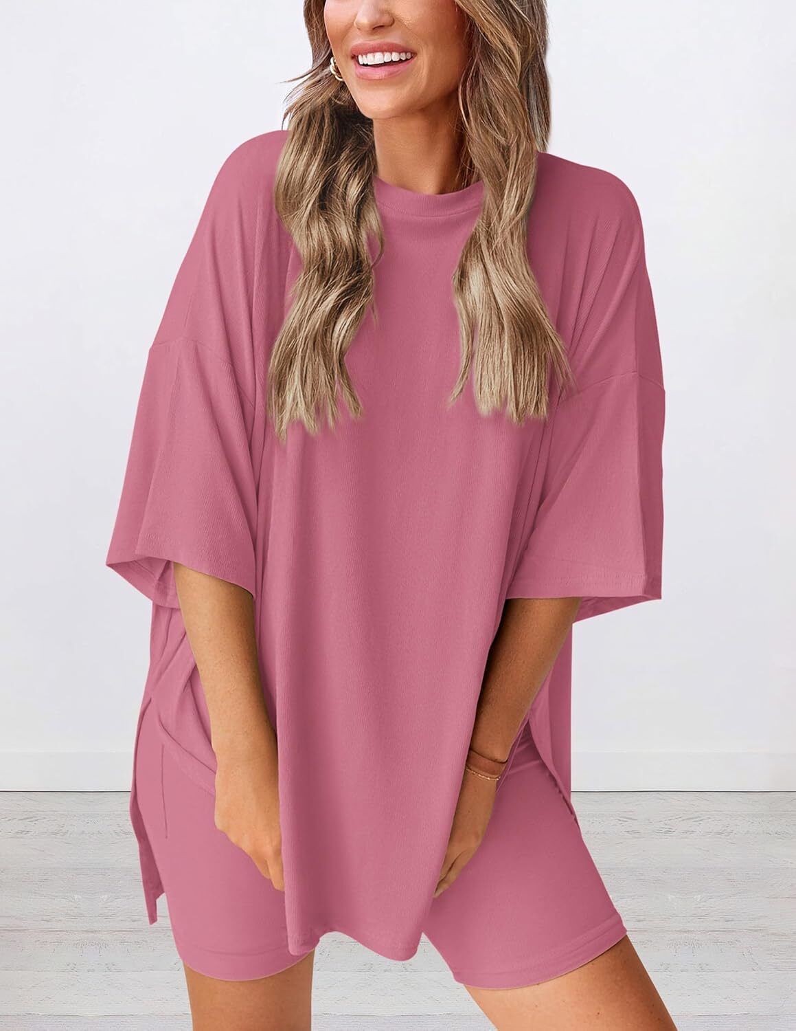 Women's Two Piece Lounge Set Casual Oversized Crewneck Tops and High Waisted Shorts Set
