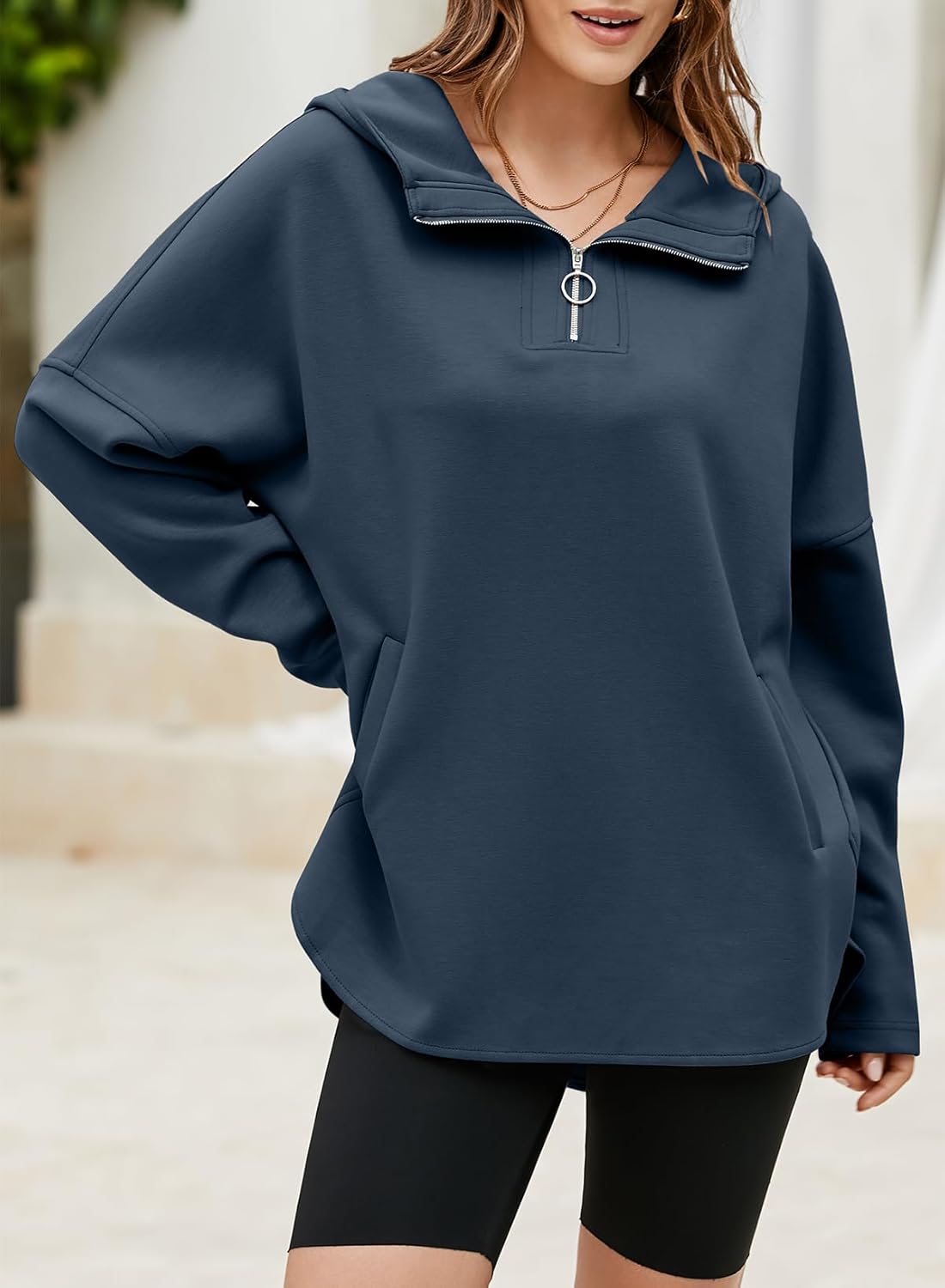 Women's Oversized Hoodies Casual Long Sleeve Half Zipper Pocket Sweatshirt Pullover Tops
