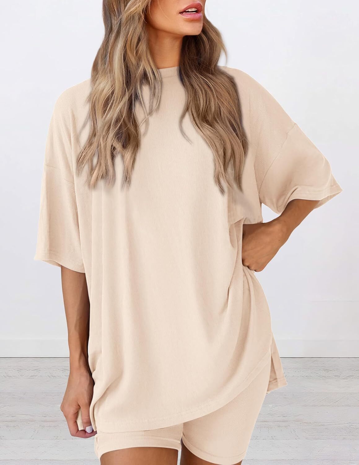 Women's Two Piece Lounge Set Casual Oversized Crewneck Tops and High Waisted Shorts Set