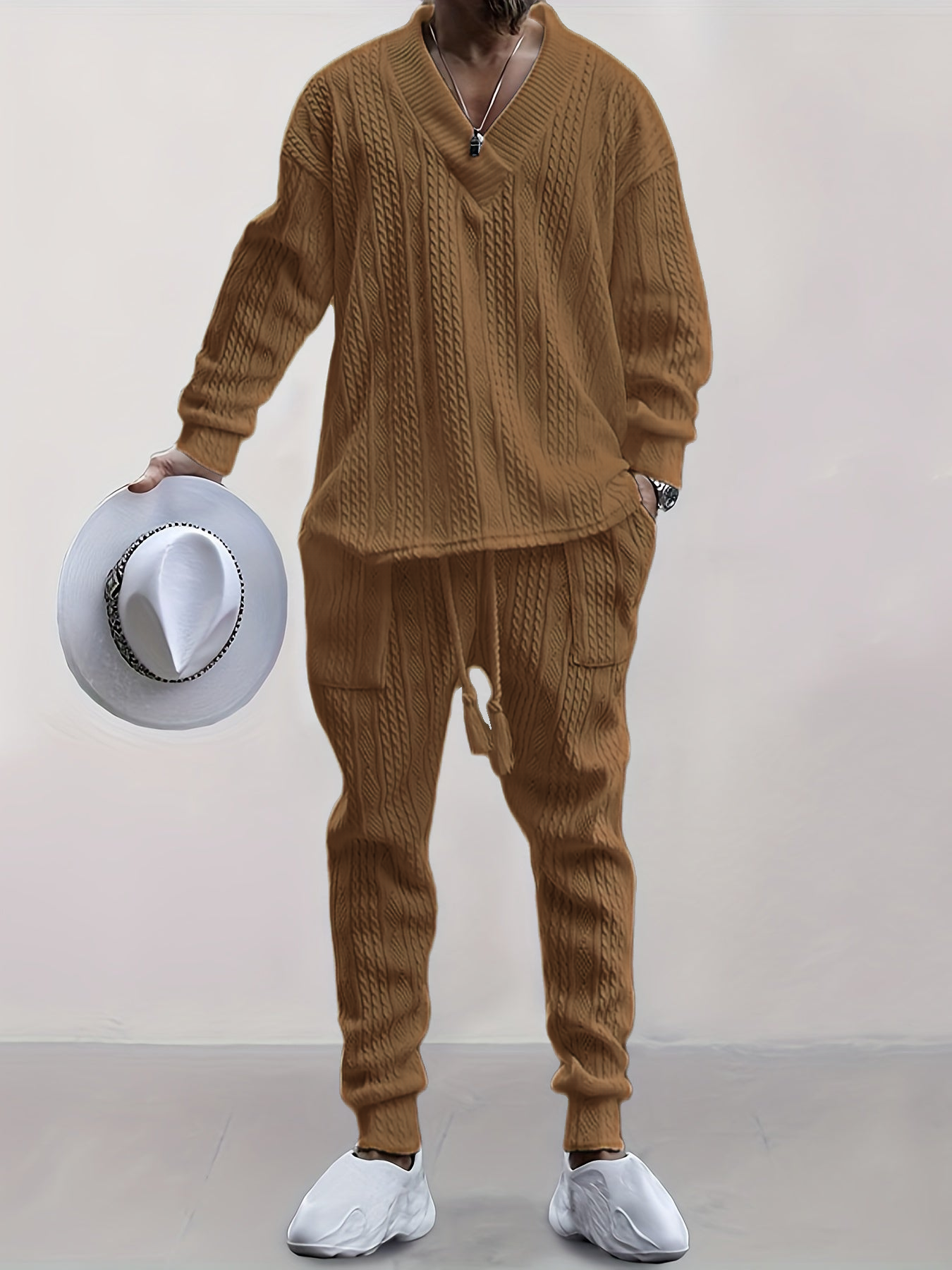 Mens V Neck Sweatshirt Jacquard Tracksuit 2 Piece Men Baggy Sweatsuit Sets Men's Jogging Tracksuit Set Outfit for Men