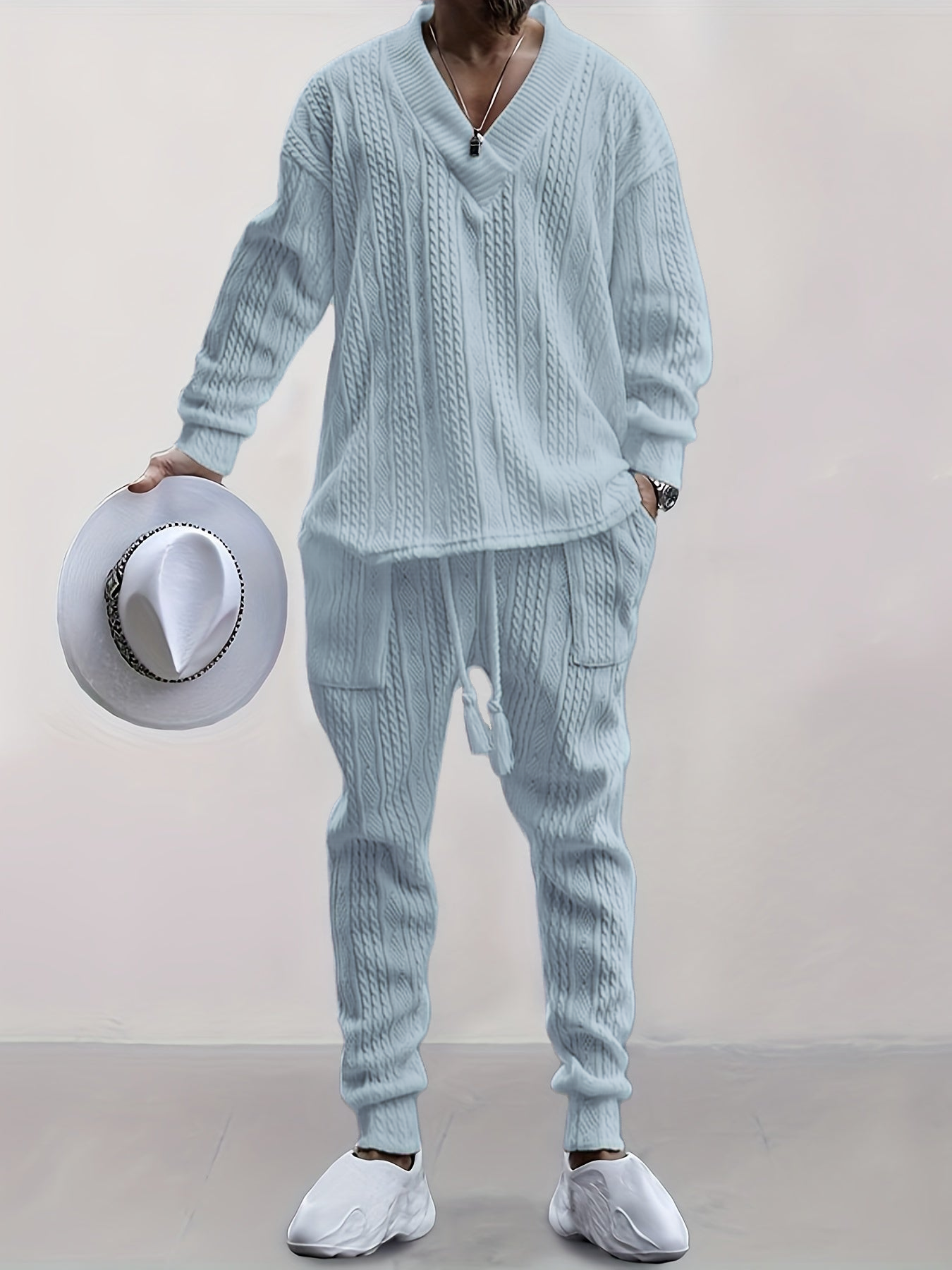 Mens V Neck Sweatshirt Jacquard Tracksuit 2 Piece Men Baggy Sweatsuit Sets Men's Jogging Tracksuit Set Outfit for Men