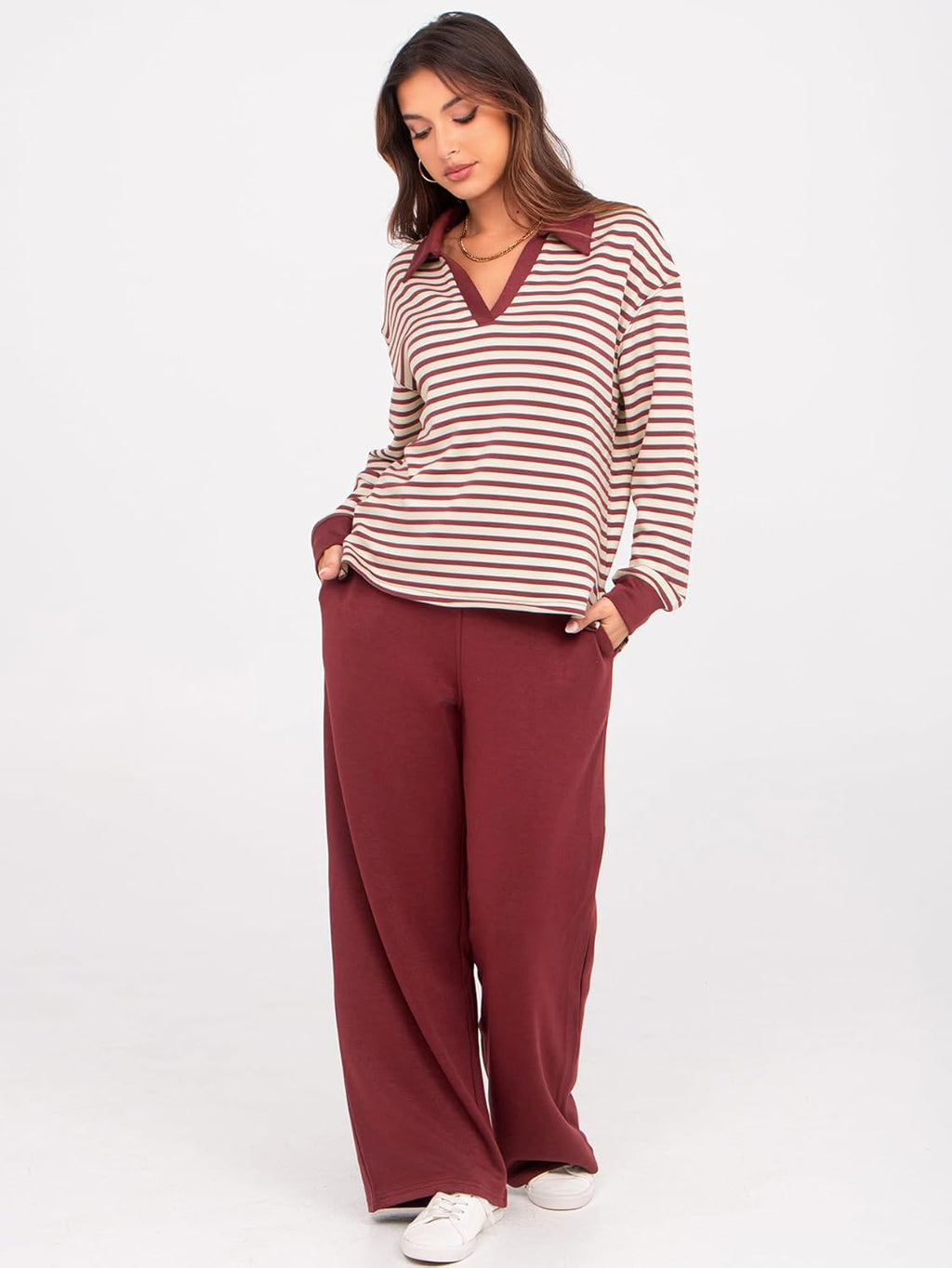 Women's 2 Piece Sets Outfits Casual Long Sleeve Sweatsuits Polo Top and Wide Leg Pants Matching Sets
